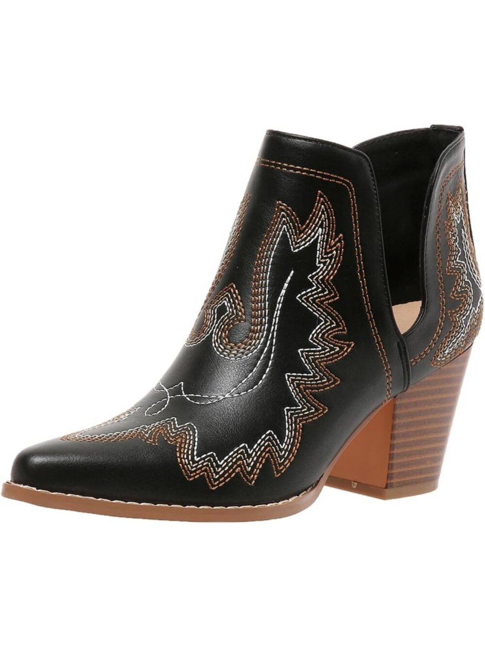 Women's Black Chunky Heel Pointed Toe Classic Look Cowboy Boots Casual